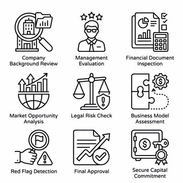 Collection of business and finance icons representing company review, management, financial inspection, market analysis, legal checks, and secure capital.