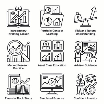 Financial investment and business growth concepts illustrated with icons representing lessons, research, and confident investors.
