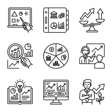 Collection of business and finance icons representing growth, analysis, and learning.