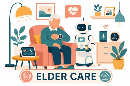 Elder care robot assistant with smart home health monitoring for senior living illustration