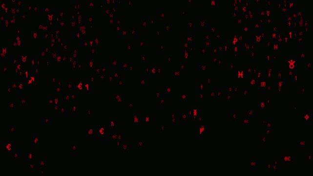 Red matrix digital rain falling on black background, abstract computer code data stream, cyber security and hacking background loop