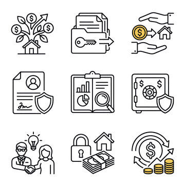 Collection of flat line icons representing financial concepts and business services.