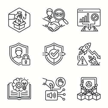 Set of icons representing business security, risk management, and technology concepts.