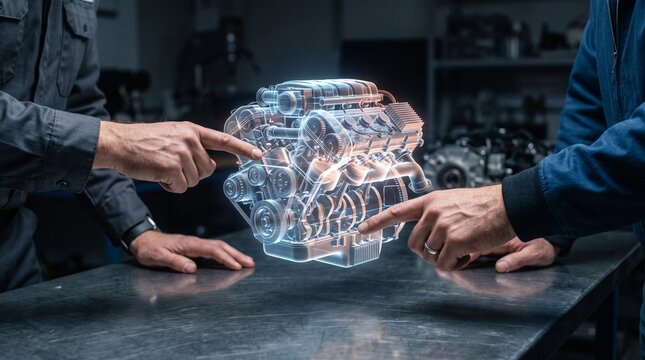 Engineers analyzing a 3D holographic engine model using augmented reality technology in a modern industrial workshop