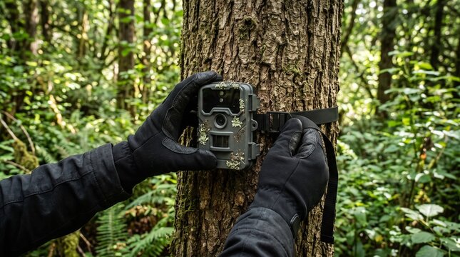 Close up of a person installing a camouflage trail camera on a tree trunk for wildlife monitoring in a lush forest