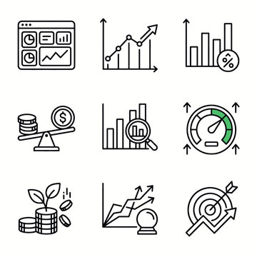 Collection of business and finance icons representing growth, analysis, and success.