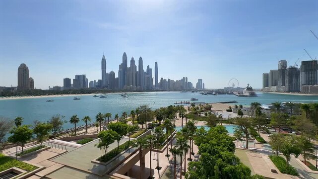 The iconic Dubai Marina and Dubai Harbour viewed from the shores of Palm Jumeirah