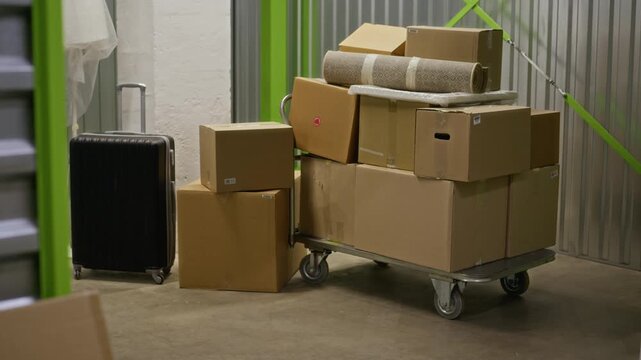 Cardboard boxes and household items stacked on metal trolley inside self-storage unit, representing relocation process. Footage is ideal for moving companies or storage facility advertisements