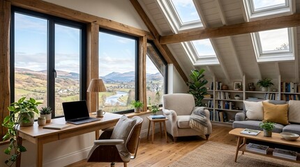 Obraz premium Cozy home office with scenic mountain view, fireplace, and natural light.