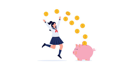 Fototapeta premium Joyful schoolgirl jumps in the air as golden coins fall into a large pink piggy bank to represent saving money or financial success.