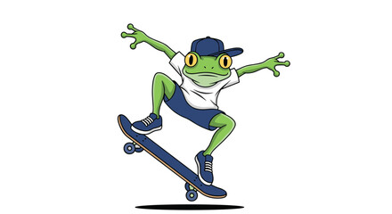 Fototapeta premium Cool green frog wearing a blue baseball cap and sneakers performs a jump trick on a skateboard against a solid white background.