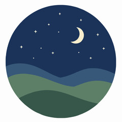 Naklejka premium Hand-traced circular vector illustration of a starry night sky with crescent moon over rolling green hills in soothing blue and sage tones