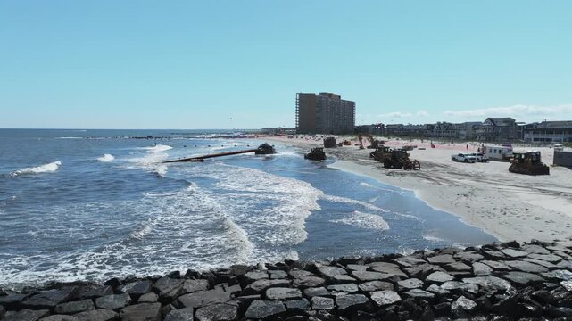 Aerial view of beach replenishment project and jetty in Ocean City NJ