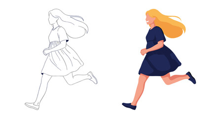 Fototapeta premium Young girl with long blonde hair running in a dark blue dress shown in both a line drawing and a colored flat illustration.
