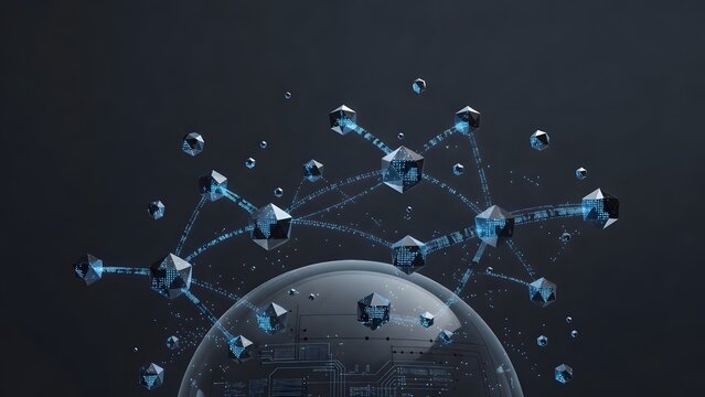 Abstract digital network connecting geometric shapes with glowing lines against a dark background