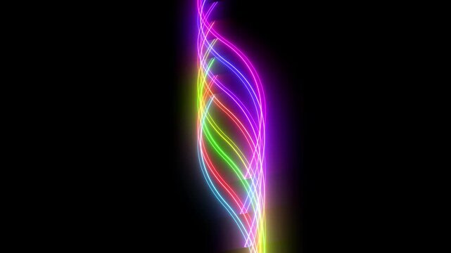 Abstract colorful neon lights animated on a black background. Movement of neon diagonal lines or glowing light stripes.