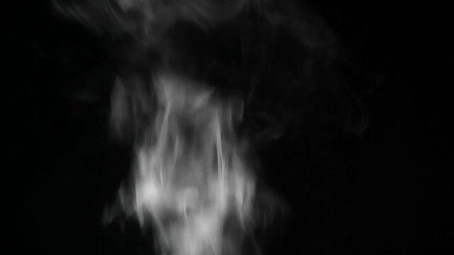 White smoke rising from below against a black studio backdrop, horizontal composition
