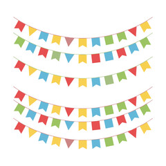 Obraz premium Colorful paper bunting garlands with geometric flags isolated on a white background. Festive celebration concept