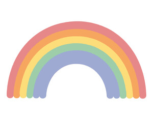 Fototapeta premium Hand-traced pastel rainbow arc vector icon with seven soft concentric curved bands in coral, peach, yellow, mint, blue, lavender, and pink hues isolated on white background for cheerful design use
