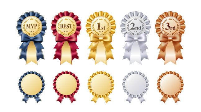Award ribbon rosette vector set with gold silver bronze medals and blank frames