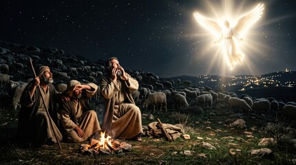 Fototapeta premium Shepherd men witnessing the appearance of an angel at night. Biblical scene from the Gospel of Luke featuring light appearing to shepherds in a field with sheep. Nativity theme.