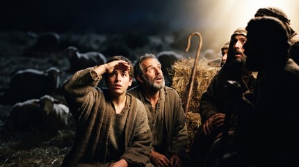 Fototapeta premium Biblical shepherds, a man and a boy, watch the bright light of an angel appearing in the night sky. The nativity scene from the Gospel of Luke portraying the announcement of Jesus.