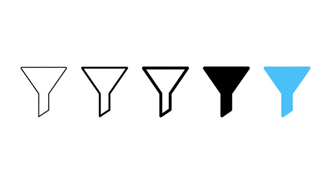 Set of funnel filter icons in line, solid, and blue styles for data sorting, search, and user interface navigation
