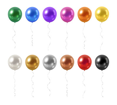 Vector collection of realistic metallic colorful, gold, silver, copper, white and black helium party balloons