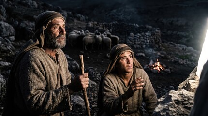 Fototapeta premium Shepherd man and young shepherd witnessing the light of an angel in the night field. Biblical scene of the announcing of the birth of Jesus Christ, Christmas nativity holy event.