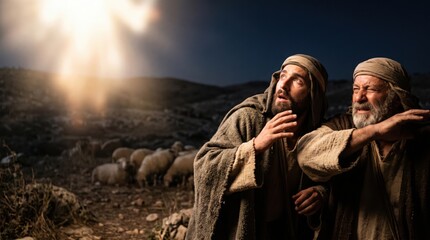 Obraz premium Two shepherds man looking at the shining angel in the night sky. Biblical scene from the Gospel of Luke portraying the announcement of the birth of Jesus Christ. Religious history concept.