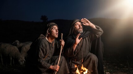 Obraz premium Shepherd watching angel light at night. Biblical scene of men looking at heavens in Bethlehem field. Gospel of Luke story of nativity, religious miracle and faith for church concept.