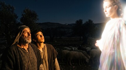 Fototapeta premium Angel appearing to a shepherd man and a young shepherd boy at night on a field. Biblical scene retelling of the birth of Jesus Christ, proclamation of the Messiah, Christian religion.