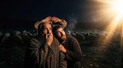 Obraz premium Biblical scene of shepherds in a field witnessing a divine light from an angel. Men looking up in awe and amazement during the Nativity night. Religious history and faith concept.