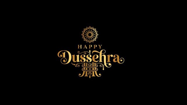 Happy Dussehra Festival Celebration with Golden Text and Sparkling Particles on Black Background.