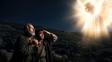 Obraz premium Angel appearing to shepherds in the night field. Biblical scene from Luke 2 describing of announcement of Christ birth. Miracle, faith, divine light and religious history concept.
