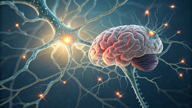 Neural stem cells repairing brain tissue. Medical illustration of neurons regenerating cells.
