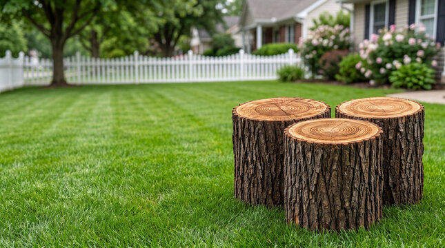 Three cut tree stumps standing on a green grass lawn in backyard. Wooden logs from felled timber in home garden. Concept of forest clearing, deforestation, nature and landscaping.