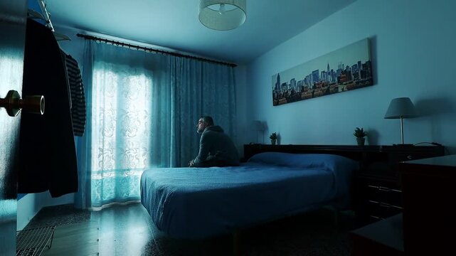 Sad and lonely man at home after break up, wide shot