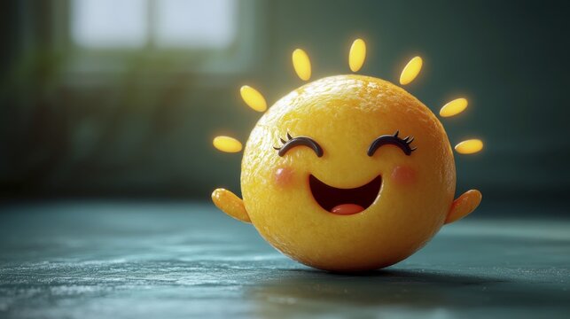 A 3D-rendered image depicts a cheerful, orange-like character with a radiant smile and glowing accents. It rests on a teal surface, exuding vibrant happiness, AI generated