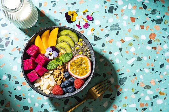 Tropical fruit smoothie bowl with dragon fruit mango kiwi and berries on terrazzo surface with space