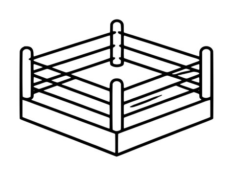 Hand-drawn vector illustration of a classic empty boxing ring with corner posts, taut ropes, and elevated square platform, isolated black outline icon for sports design