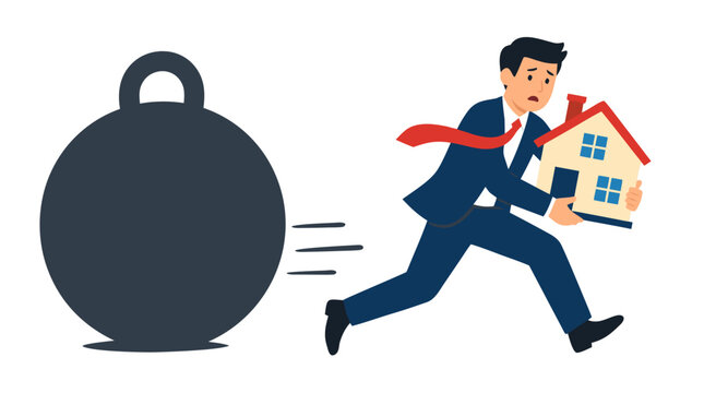 Stressed businessman clutching house running from giant wrecking ball weight, flat cartoon vector illustration depicting mortgage burden, debt pressure, and homeownership anxiety on clean white