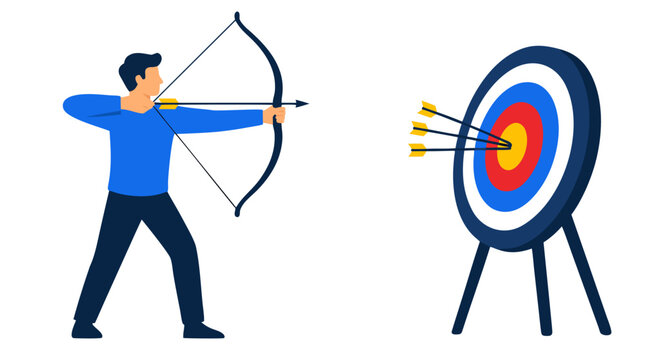 Archer aiming bow and arrow at circular target with bullseye, goal achievement concept, flat vector illustration of man in blue shirt hitting center