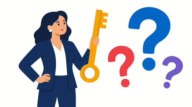Businesswoman holding golden key beside floating question marks, flat color vector illustration, professional woman in navy suit unlocking solutions, queries and answers concept