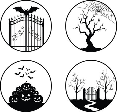 Minimalist Halloween round badge icon vector set featuring silhouettes of cemetery gates bat spooky tree spiderweb pumpkins and creepy road isolated