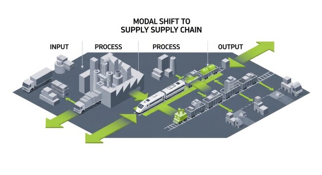 Representation of modal shift in supply chain logistics, illustrating input, process, and output stages, AI generated