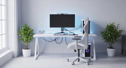 Fototapeta premium Bright, minimalist workspace with white decor and green plants, featuring a sleek computer setup, AI generated