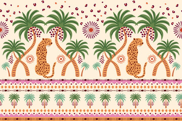 Obraz premium Tropical border with palm tree, leopard, symmetric geometric stripes. Summer seamless pattern. Hand drawn ethnic ornament jungle elements, animal skin spots, sun. Vector background, textile design.