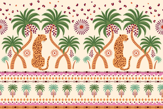 Tropical border with palm tree, leopard, symmetric geometric stripes. Summer seamless pattern. Hand drawn ethnic ornament jungle elements, animal skin spots, sun. Vector background, textile design.