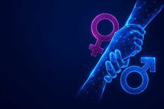 Interlocking hands representing unity and gender equality with blue and pink digital network symbols. women's equality day equality cooperation partnership. women's equality day